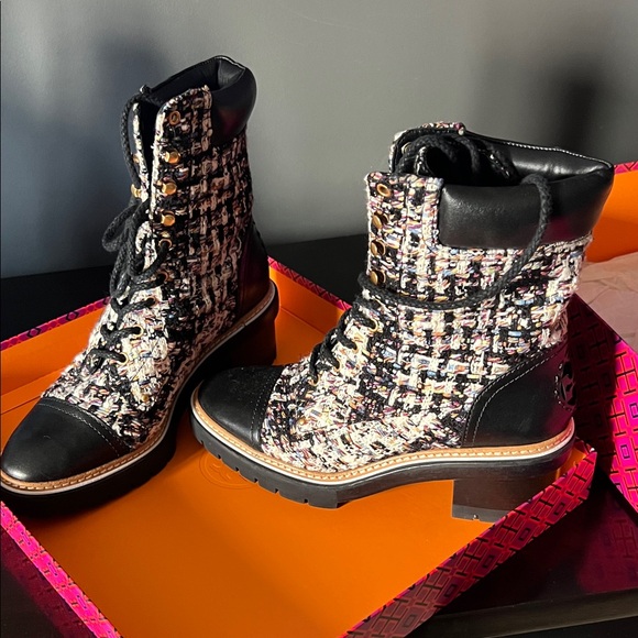 Tory Burch Shoes - Tory Burch Black and Cream Tweed Lace-Up Boots